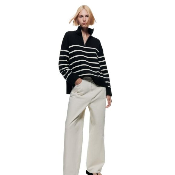 ZARA STRIPED SWEATER WITH ZIP BLACK / WHITE SIZE XL | 3519/125 - Picture 4 of 5